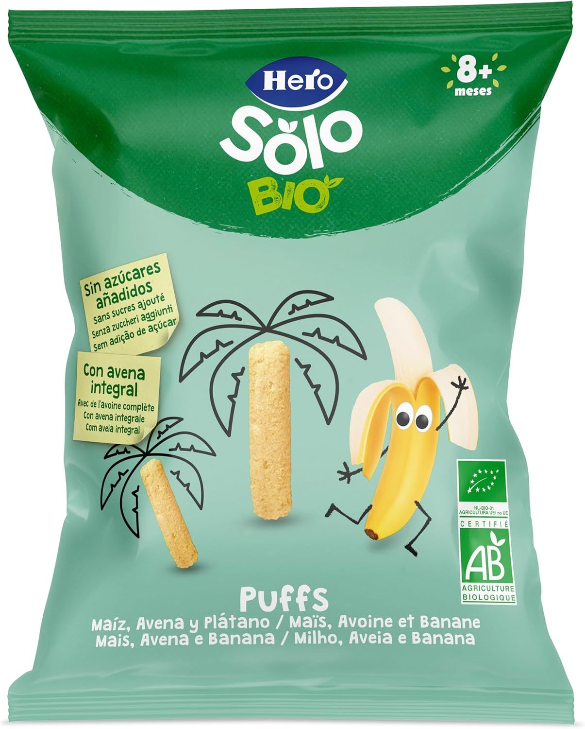 „Only Bio Snacks Puffs“ kukurūzų, avižų ir bananų skonio užkandžiai, 8 mėnesių Tęstinio maitinimo pienas ir maistas