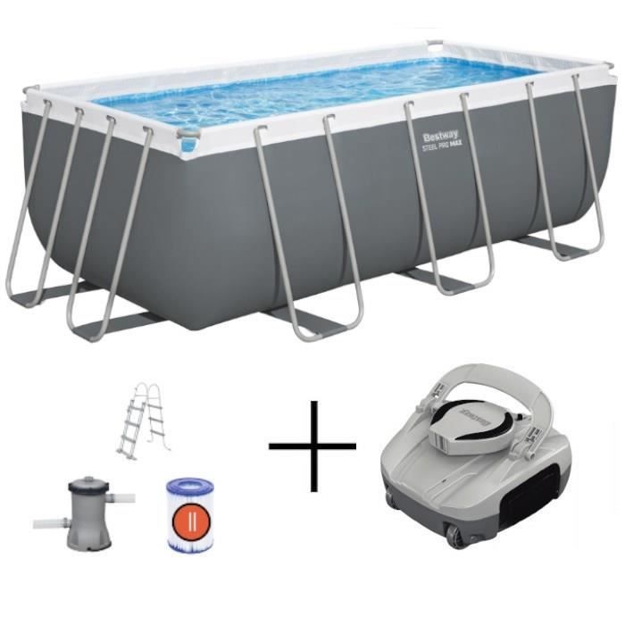 Kit de piscina tubular elevada BESTWAY - Steel Pro Max - 422 x 201 x 122 cm - Rectangular + Robot de piscina Quartz