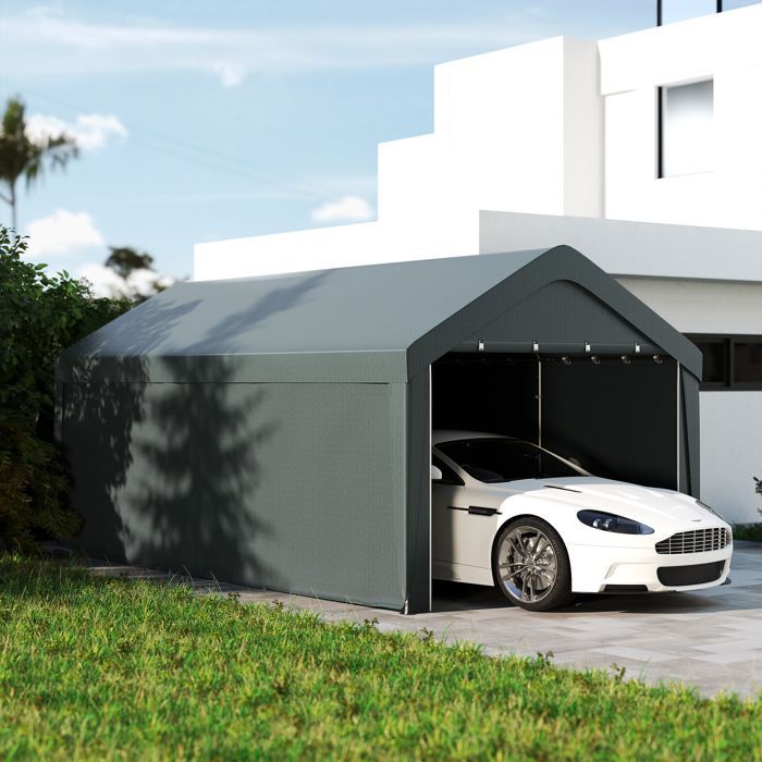 Cochera exterior Outsunny - paneles laterales desmontables, 2 puertas enrollables con cremallera - PE y acero - 3 x 6 m - gris