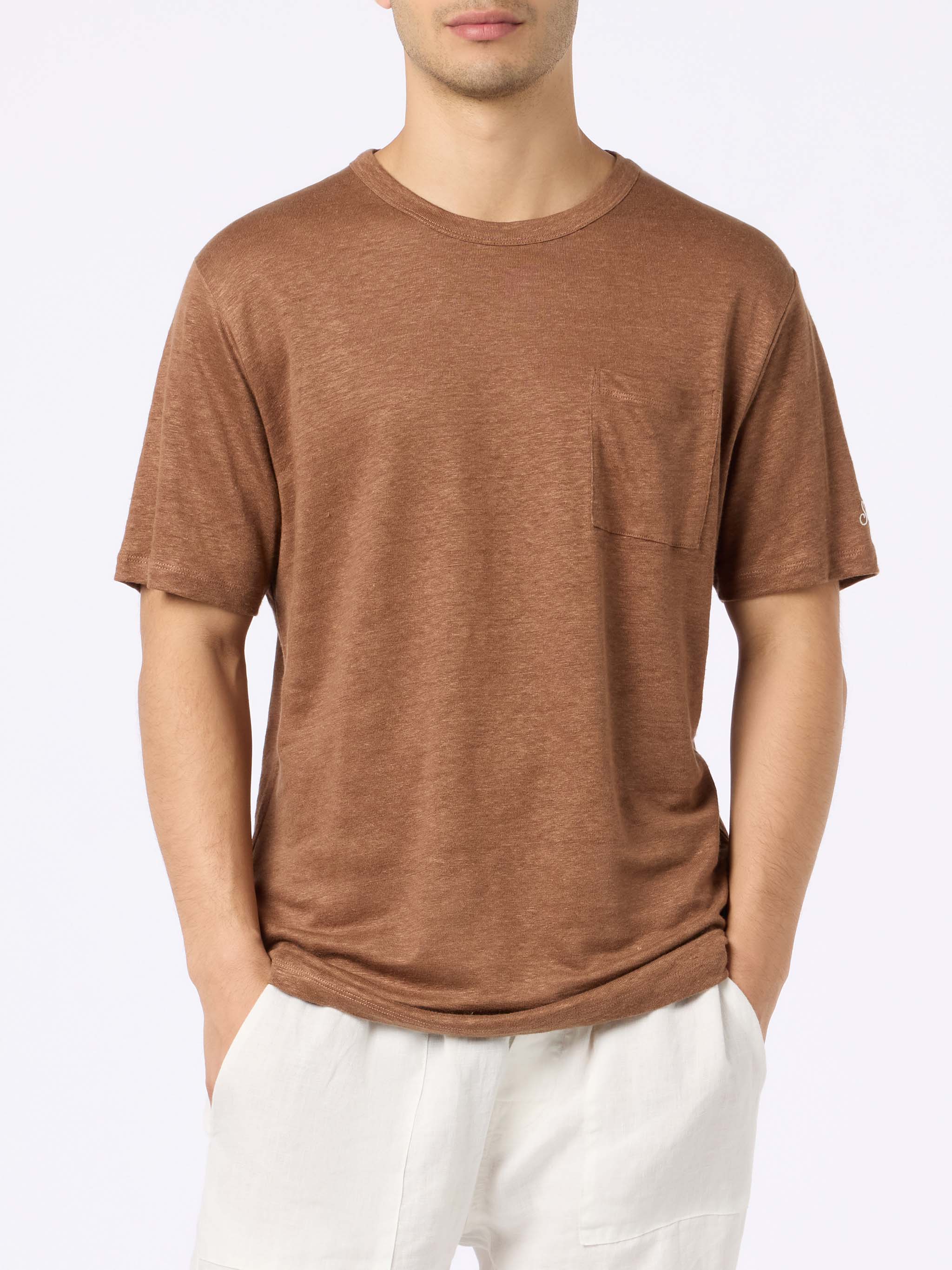 Ecstasea heren T-shirt van bruin linnen met zakje