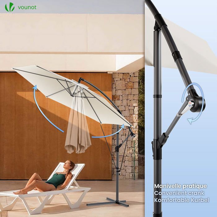 VOUNOT® Zweefparasol met 3M bevestigingsband, beige - 360° draaibaar - Verstelbare kantelhoek - Beschermhoes