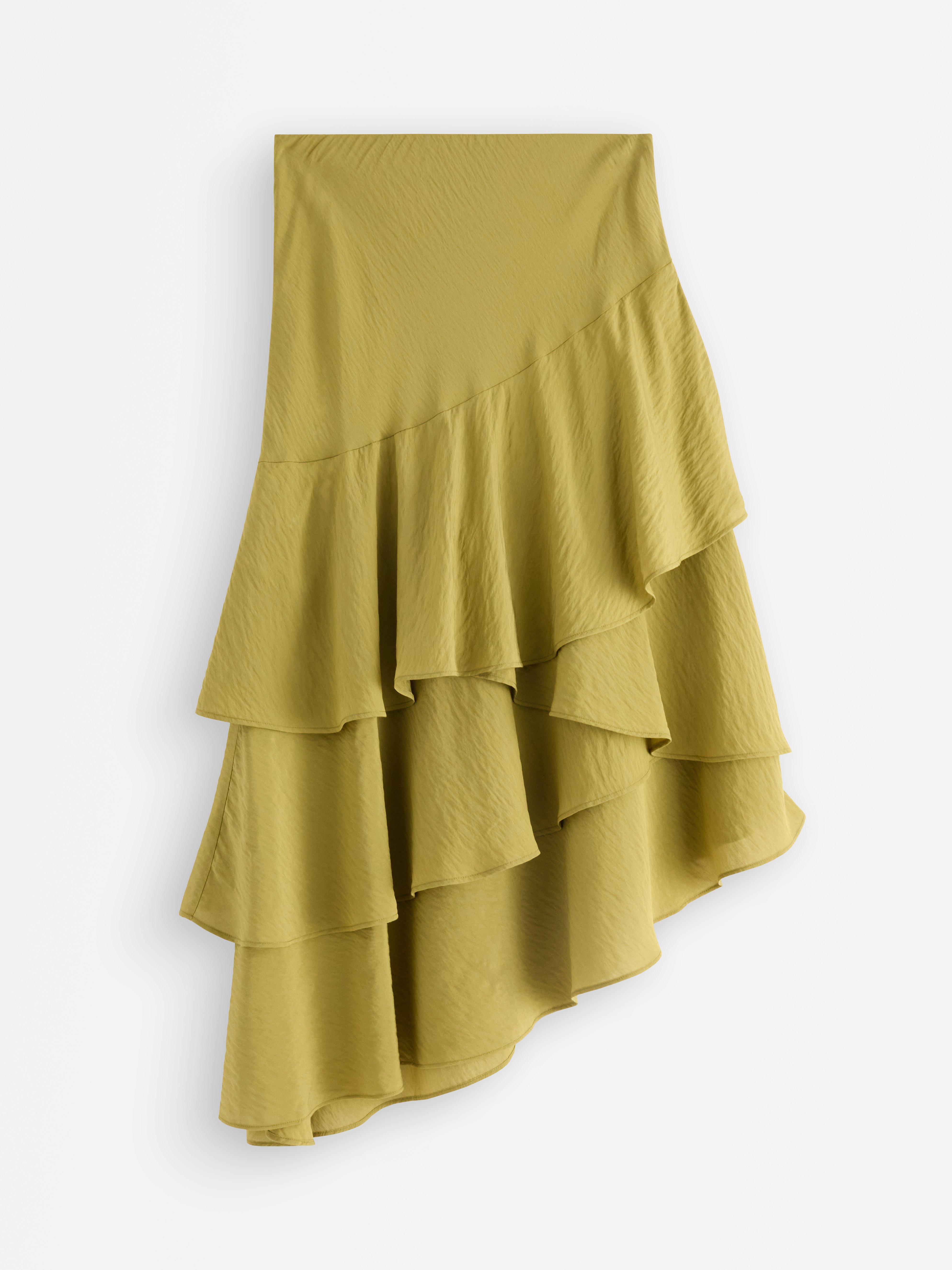 Falda midi con volantes, color verde empolvado.