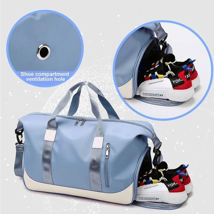 Large capacity sports bag with shoe compartment, wet pocket and trolley sleeve for women and men
