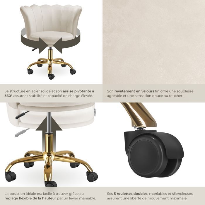 Chair - TECTAKE - STELLA upholstered office chair with flower-shaped backrest and velvet covering, 65 x 64 x 78 cm - Cream/Gold