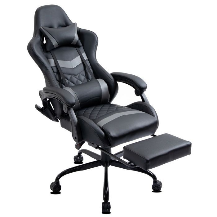 Chaise Gaming Ergonomique Similicuir avec Repose-Pieds et Massage 6 Points, Dossier Inclinable, Base Métal Delman Gris