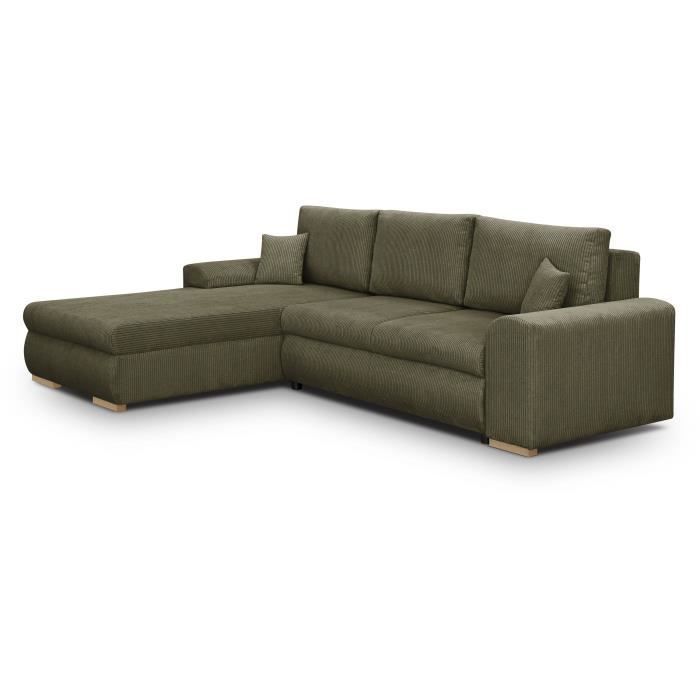 Canapé d'angle convertible - 5 places - INDIAN - Tissu velours côtelé Vert kaki - Coffre de rangement - 289 x 94/188 x 88 cm