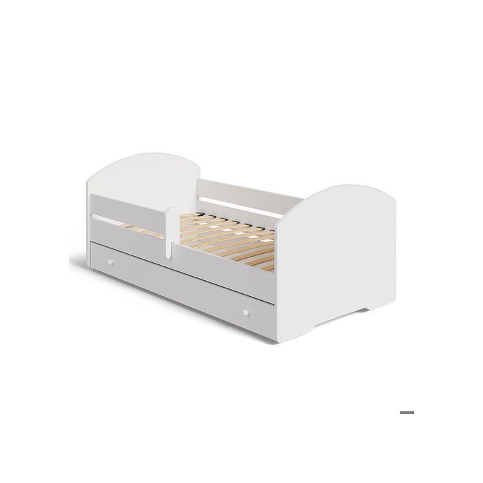 Cama infantil LUK blanca de 70x140 cm con barandilla, somier de láminas y cajón – cama para niñas y niños.