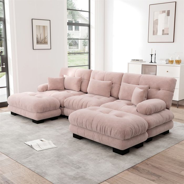 Sofá em formato de U DRIPEX Cloud de 4/5 lugares para sala de estar, sofá escandinavo em chenille com almofadas e pufe, 313×145×81cm, rosa