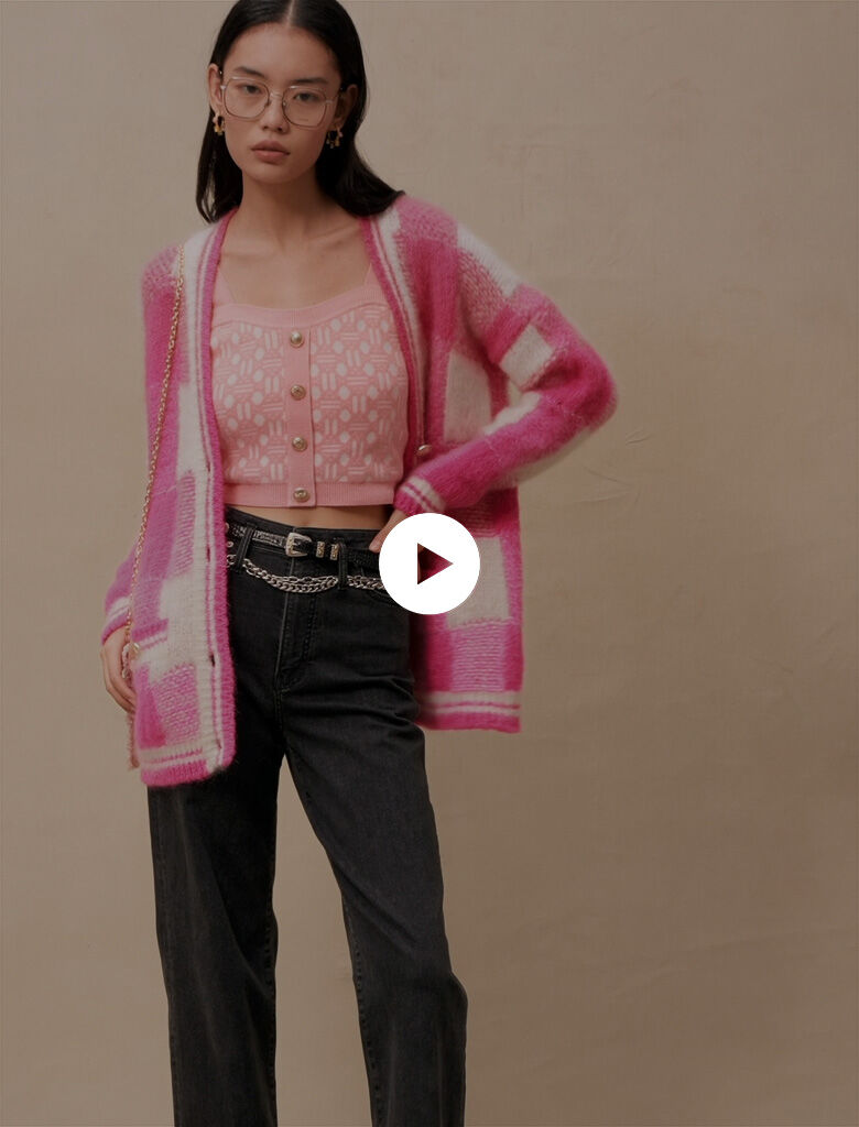 Geruite jacquard cardigan - Rose Fluo/Blanc