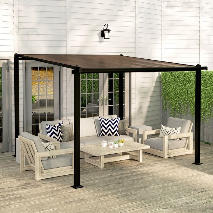 Pérgola de jardín exterior - Outsunny - 3 x 3 m, aluminio - techo de policarbonato impermeable y sistema de drenaje - gris
