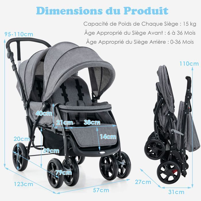 LIFEZEAL Poussette Double Pliable pour Jumeaux Poussette Canne 2 Places Réglable en 3 Positions avec Cosy 4 Roues Charge 30 KG