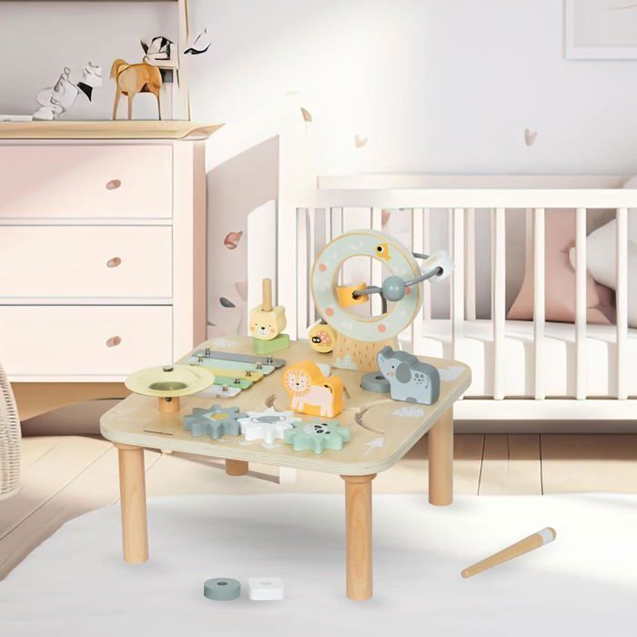 Montessori Multi-Game Tafel - Educatieve houten muzikale activiteitentafel met geluidsspelletjes - Draaiende elementen +9 maanden - Spel voor de motorische vaardigheden