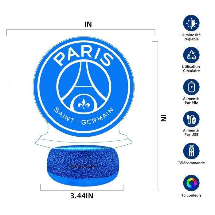 Lámpara de noche de fútbol KENLUMO Paris Saint-Germain, lámpara de mesilla de noche navideña para niños, regalo del PSG, lámpara con control remoto, cambia de color.