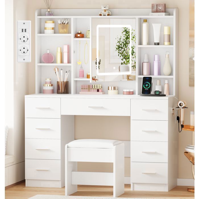 BEWISHOME Coiffeuse avec Tabouret et Miroir de Porte, 2 Port USB et 2 Prise, 9 Tiroirs de Rangement, Blanc, 110×40×145cm