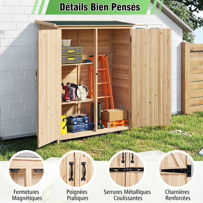 Abri de Jardin Extérieur en Bois Massif 140x51x163 cm COSTWAY-Toit en Asphalte Incliné-Étagères Amovibles et Portes Verrouillables