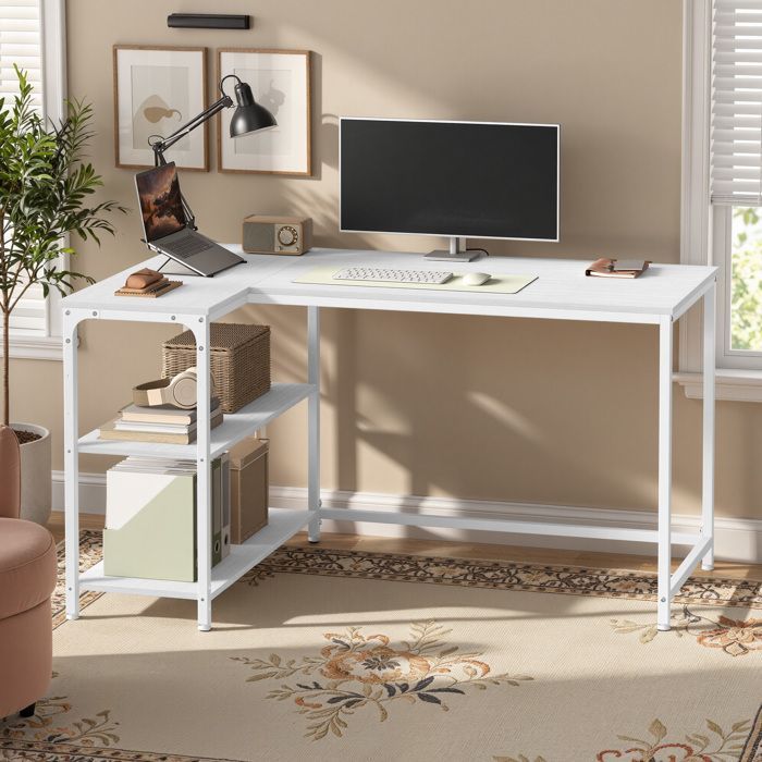 Bureau en L, Étagères Réglables avec Rangement, 120 x 80 cm, Blanc