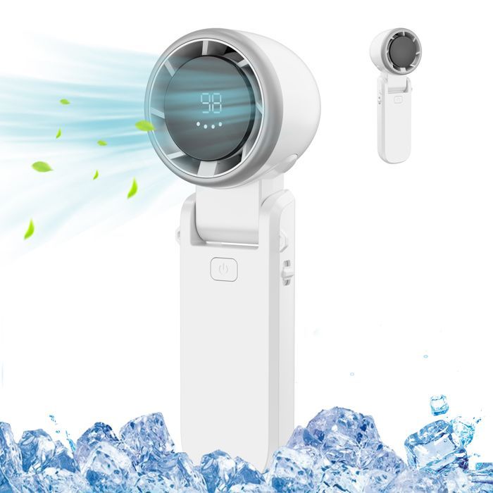 Mini ventilador portátil de mano con velocidad ajustable, batería recargable y pantalla LED para hombres y mujeres, ideal para viajes y acampadas.
