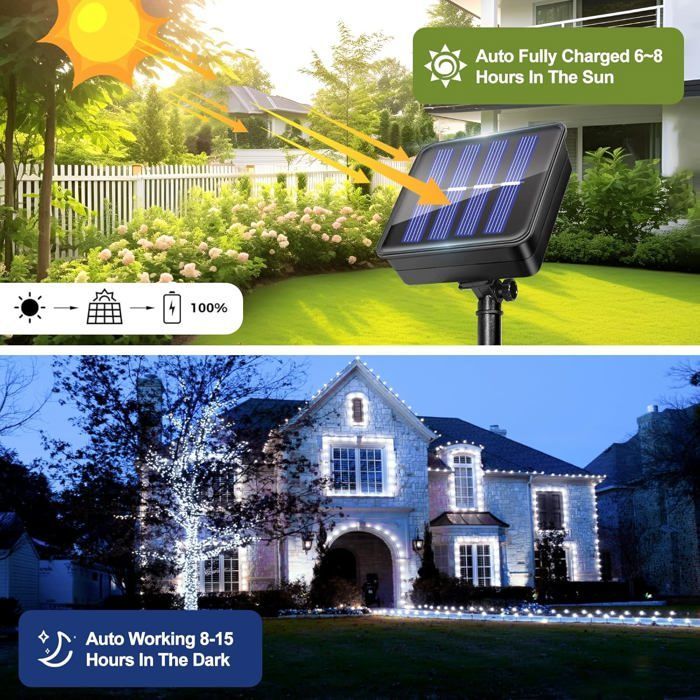 Guirlande Lumineuse Exterieur Solaire,[2pcs] 240LED 24M Guirlande Solaire 8 Modes Fil de Cuivre Étanche Décoration Guirlande Blanc