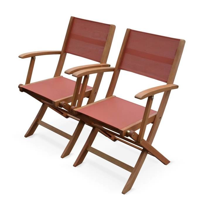 Sillones de jardín en madera y textilene - Almería Terracota - 2 sillones plegables en madera de eucalipto aceitada y textilene