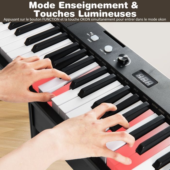 Clavier Electronique 61 Touches Lumineuses avec Tabouret COSTWAY-Support Réglable-Mode Enseignement-Jeu en Duo-Fonction MIDI à APP