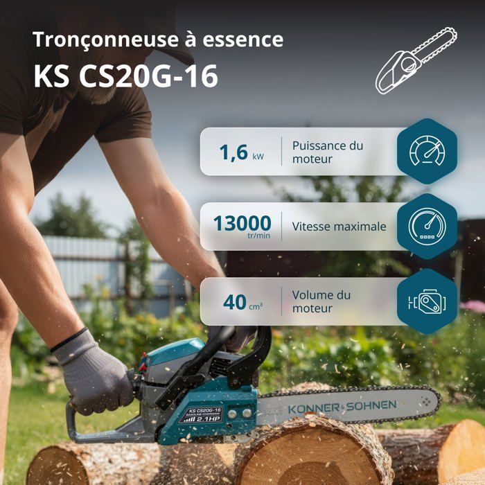 Könner & Söhnen KS CS20G-16 Benzin-Kettensäge – 1600 W – 40 cm Führungsschiene – Trägheitsbremse und automatische STOP-Taste