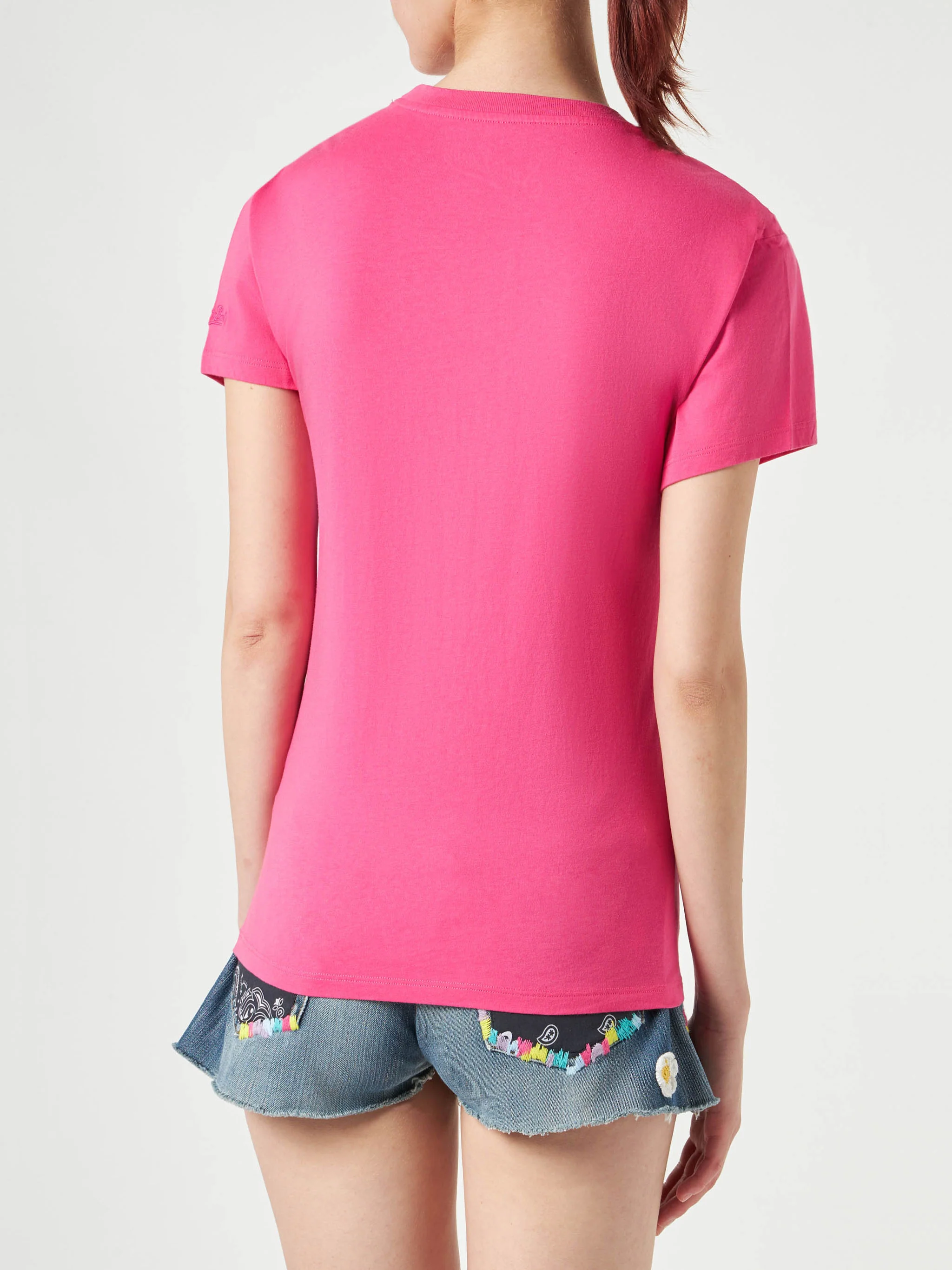 Dames T-shirt van fuchsia katoen met borduurwerk