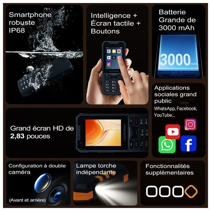 Celular robusto HAMTOD H6 para idosos, 4G, 3GB + 32GB, tela de 2,83