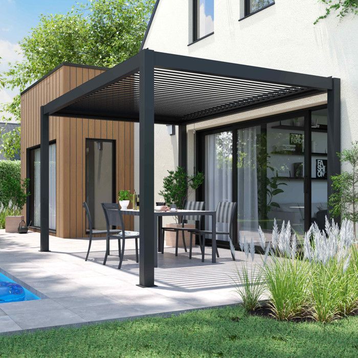 Pergola bioclimatique 3 x 4 m autoportée avec 3 stores gris - Oviala