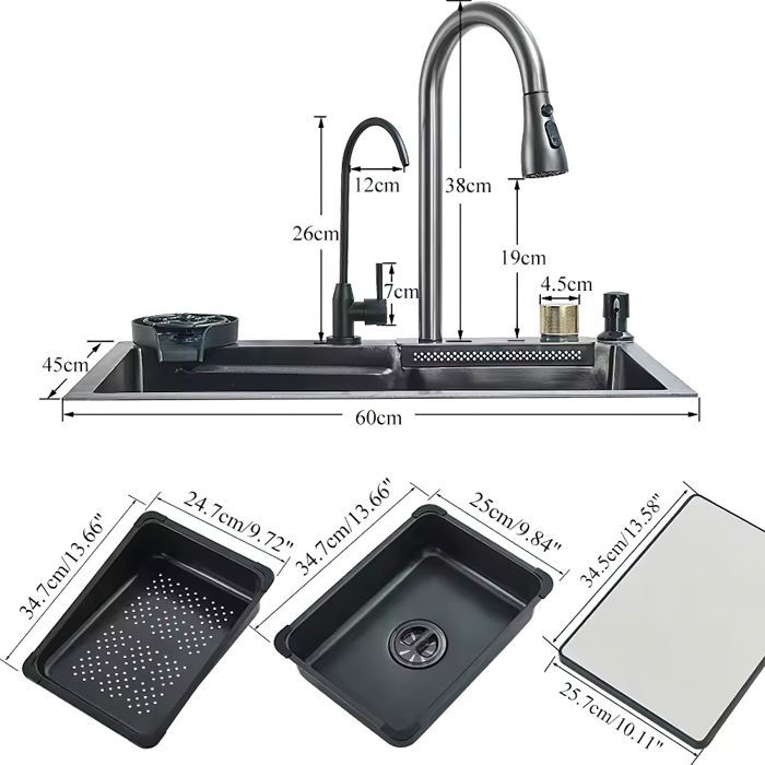 Fregadero de cocina multifuncional tipo cascada con grifo, dispensador de jabón, purificador de agua y lavavasos - 60 x 45 cm