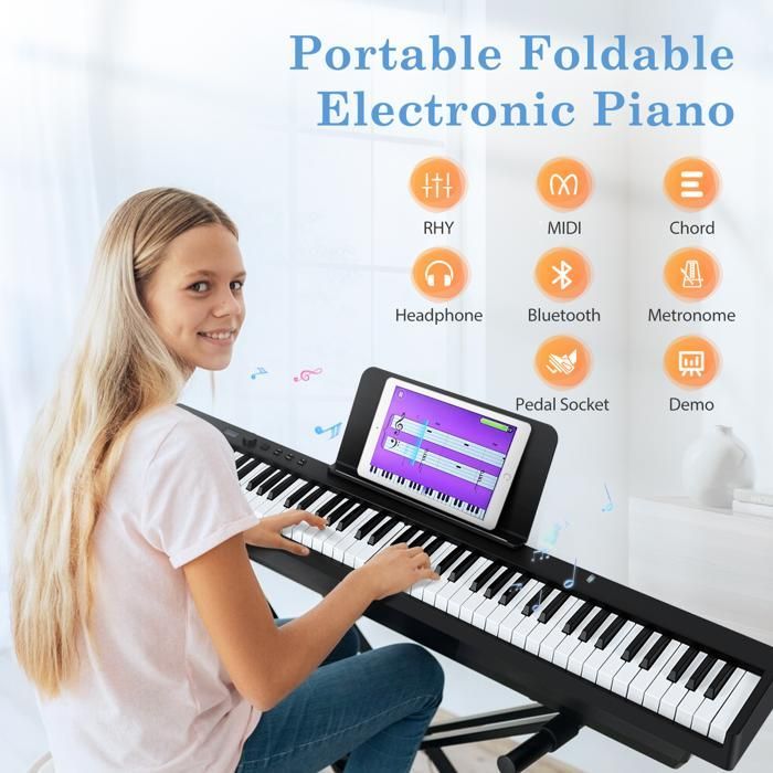 TTLIFE Tastiera per pianoforte elettronico a 88 tasti, pianoforte multifunzionale, tastiera elettronica a 128 toni, pieghevole a 180°