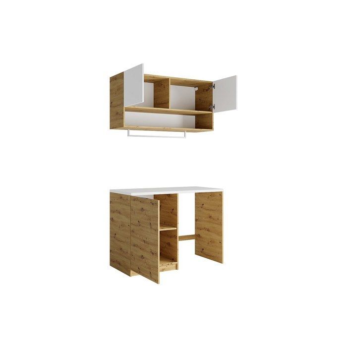 Meubles de buanderie pour machine à laver avec plan de travail - L122 cm -  Blanc et naturel clair - NATAJI