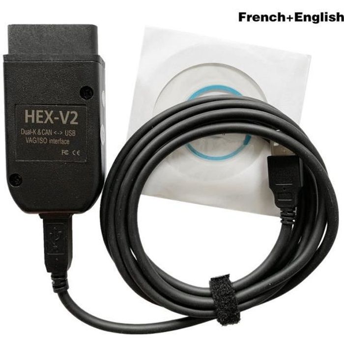 Cable de diagnóstico VCDS Hex V2 - Compatible con VW Audi Skoda Seat - Inglés + Francés - Negro