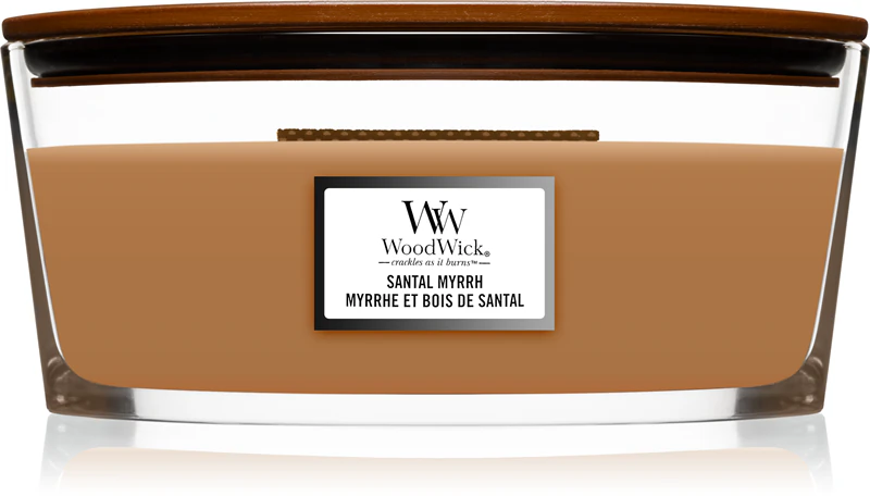 Woodwick Santal Myrrh geurkaars met houten lont (haardlont)