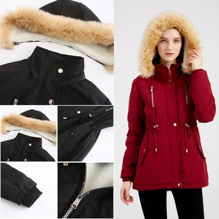 Jaqueta feminina de inverno acolchoada em fleece com capuz e gola de pele sintética, à prova de vento XD612 Azul
