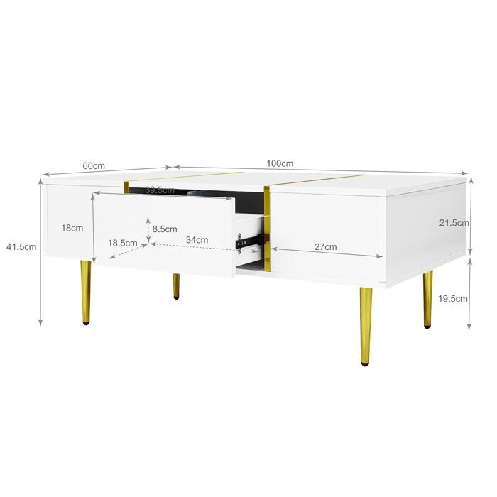 Tavolino da caffè - SOMUBI - Moderno - 2 cassetti - MDF - 100x60x41,5 cm - Bianco lucido