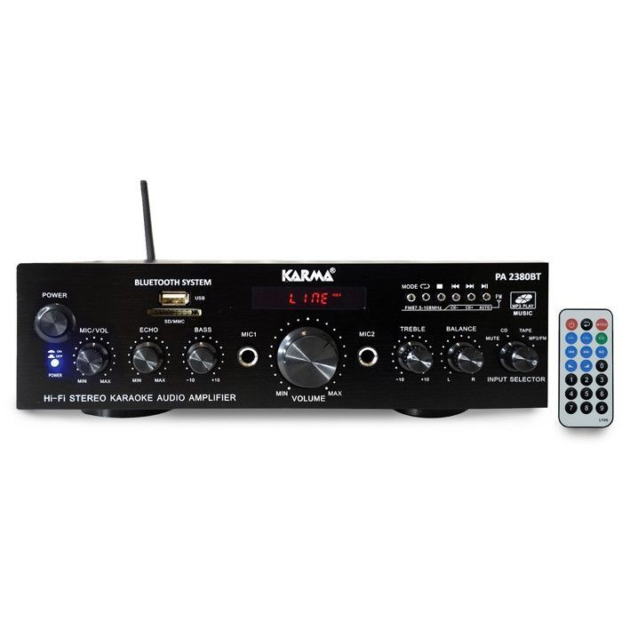 KARMA PA 2380BT 2x 50W Stereo HiFi Amplifier with LCD Screen - USB, MP3, SD, Bluetooth, FM Radio - 2 Microphone Inputs