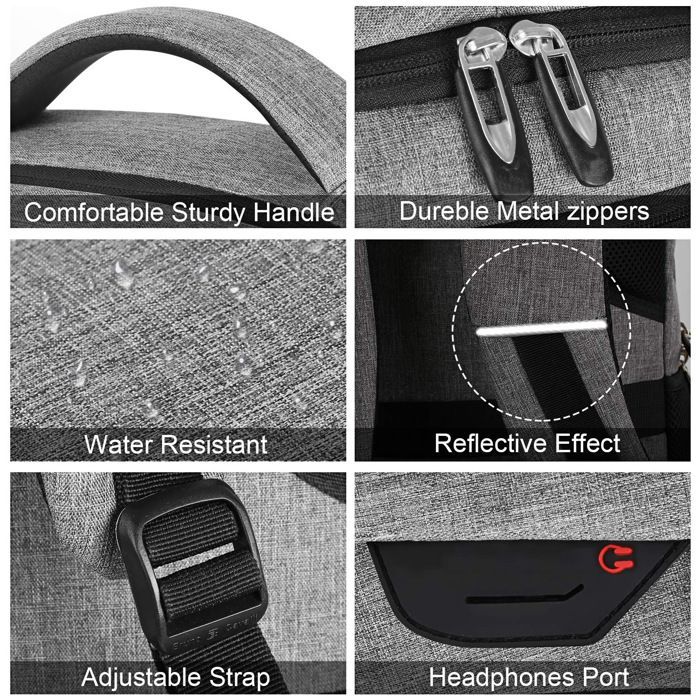 Sac a dos technique 17.3 Pouces Imperméable, Grande capacité de rangement, avec Port USB - Gris