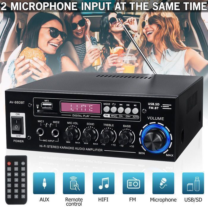 Amplificador de 2000 W con Bluetooth 5.0 integrado, amplificador estéreo digital HiFi, radio FM.
