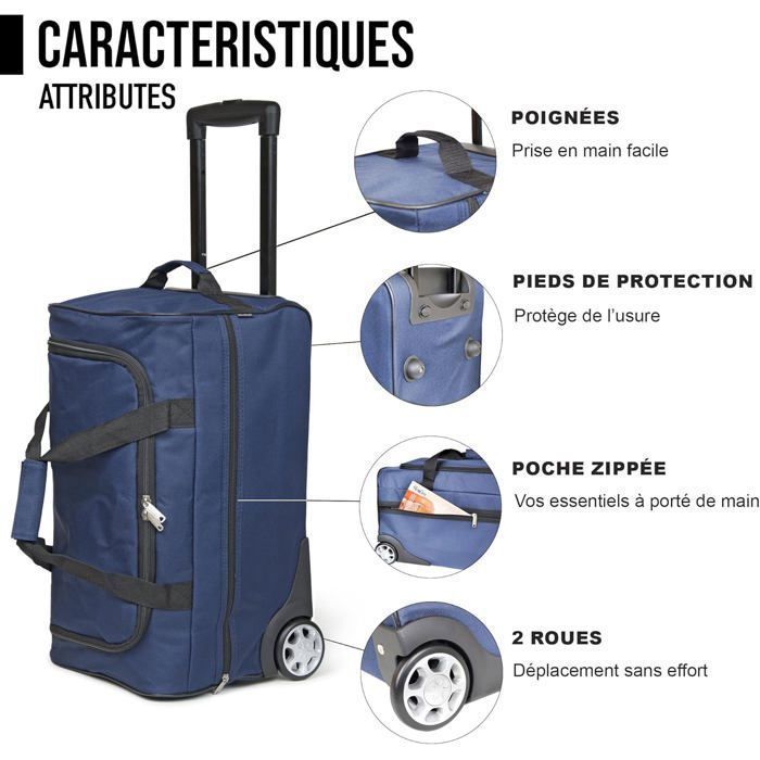 Sac de Voyage Trolley Bleu - Sac à roulettes, canne télescopique, compartiment spacieux, poche zippée, idéal week-end