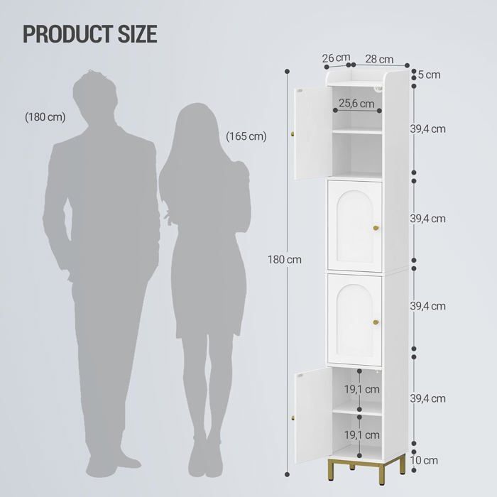 Mueble columna para baño, unidad de almacenamiento con 4 puertas, armario de baño, estantes ajustables, 26 x 28 x 180 cm, blanco