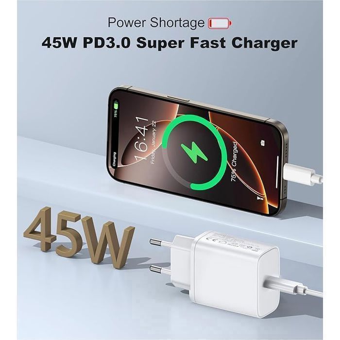 Cargador rápido de 45 W - Blanco - USB-C - 1 m - para Samsung Galaxy A16 A15 A36 A37 A56 A57 A17 S25 S24 Z flip 5 6 7