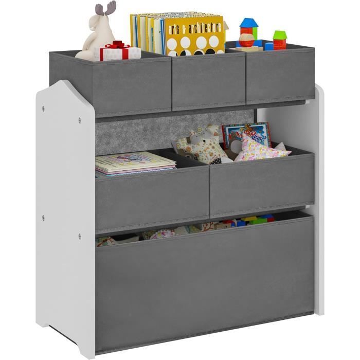 Meuble de Rangement pour Chambre d’Enfant avec 6 Boîtes Amovibles, Étagère Blanche avec Coffres à Jouets Gris, 63x30x60cm 0023ETSJ