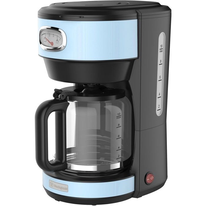 Macchina da caffè retrò Westinghouse 1000W, caraffa in vetro da 1,25 l, 10 tazze, filtro riutilizzabile, antigoccia, piastra riscaldante, blu