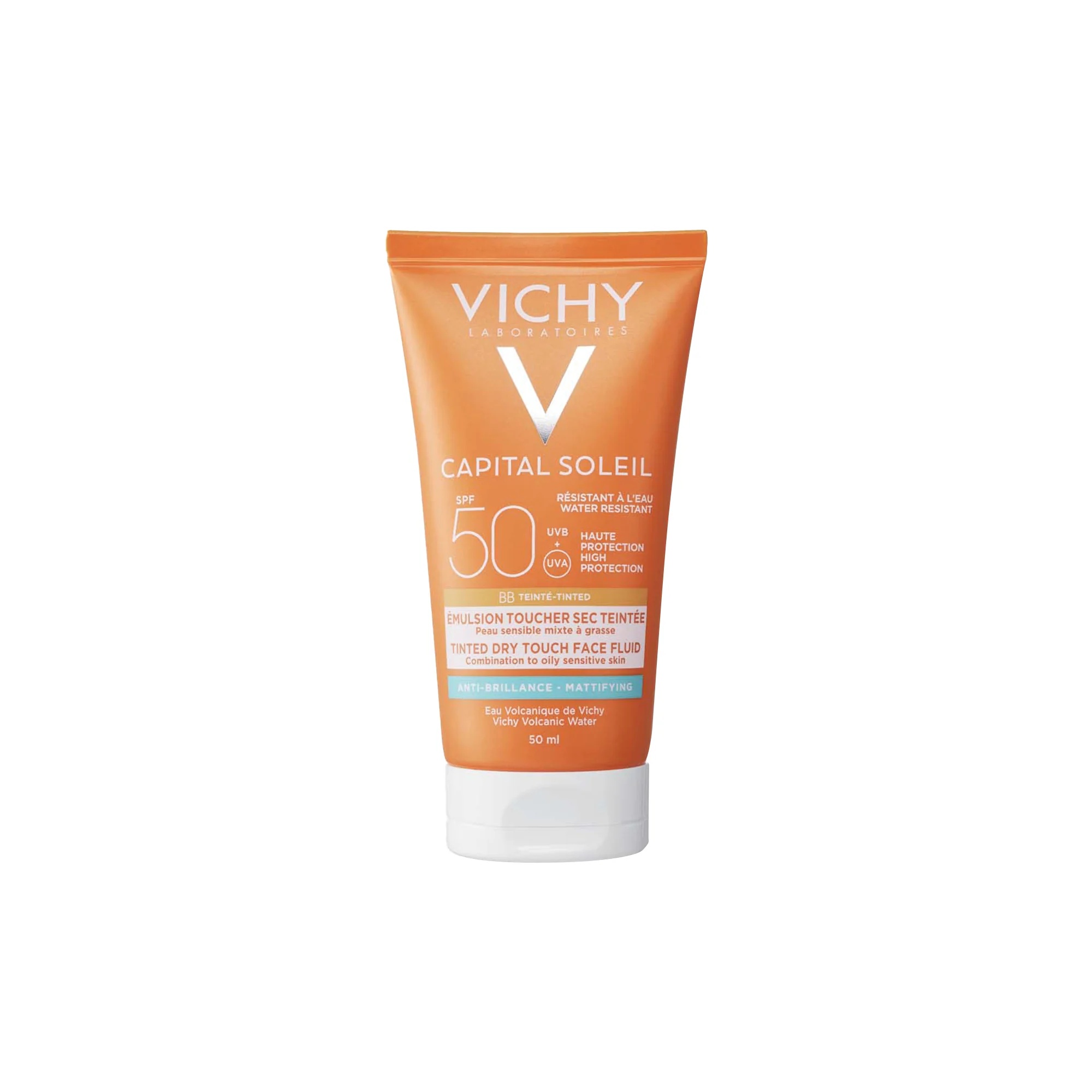 VICHY Vichy Capital Soleil BB Dry-Effect Mat emulsión con color SPF 50 crema facial protectora 50 ml para todo tipo de pieles