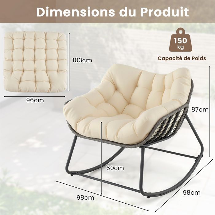 Sedia a dondolo da giardino COSTWAY per esterni in rattan sintetico PE con cuscino spesso removibile, struttura in metallo, portata massima 150 kg, colore beige.