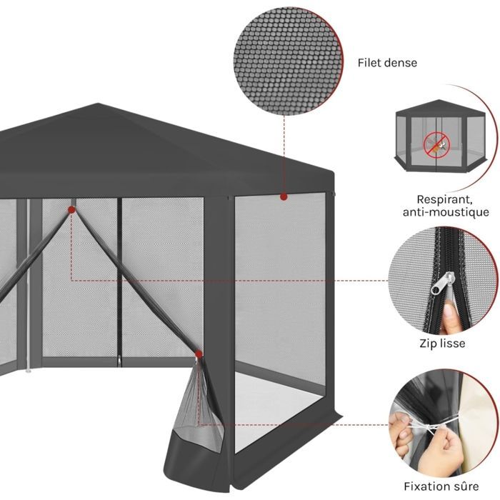 Tonnelle de Jardin WOLTU - Hexagone - Pergola Jardin - Moustiquaire respirante - 3,8x3,3m - Gris