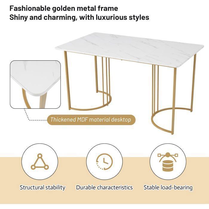Mesa de comedor rectangular Lemonbest, 140 x 80 x 75 cm, mesa de cocina moderna, estructura metálica, diseño de mármol, patas ajustables.