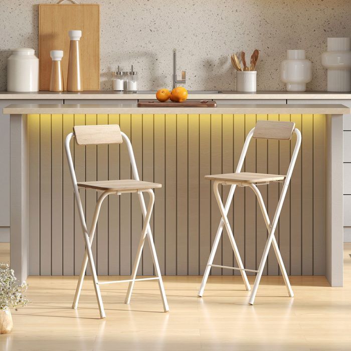 Juego de 2 taburetes de bar - HOMCOM - plegables - respaldo y reposapiés - estructura de acero - 87 cm de altura - efecto madera natural