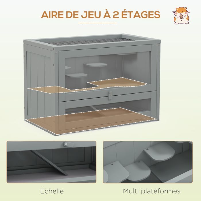 Cage pour hamsters - PawHut - multi-équipements rampe plateformes toit ouvrant grillagé porte - pour souris petits rongeurs - gris