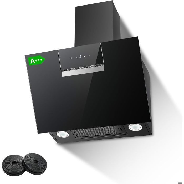 60cm Cooker Hood - Angled Kitchen Hood - 800 m³/h - 2 Carbon Filters - Recirculation & Extraction - Black